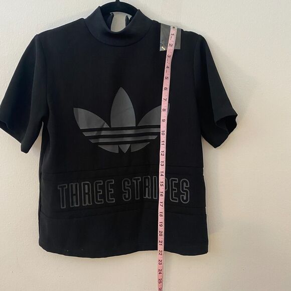 Adidas Black Trefoil Three Stripe Graphic Mock Neck Back Zip Short Sleeve Top S - Picture 11 of 12